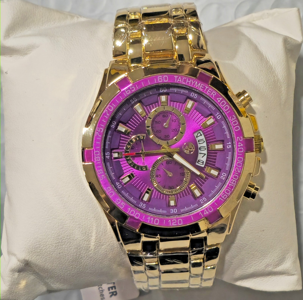 AJ Sports-Master Men's Quartz Water-Resistant Gold With Purple Dial Watch